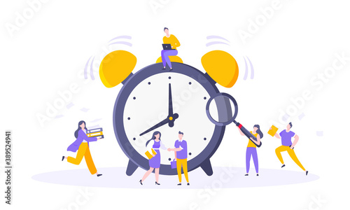 Good working time or effective time management business concept. Analog alarm clock rings and people hurry up to work or education exam vector illustration. Quick reaction awakening and deadline.