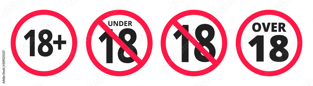 Under 18 forbidden round icon sign vector illustration set. Eighteen or older persons adult content 18 plus only rating isolated on white background. Under 18 forbidden round icon sign vector illustration set. Eighteen or older persons adult content 18 plus only rating isolated on white background.