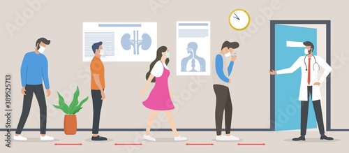 People in hospital hall, doctors and patients use face masks, Medical Worker Inviting mane for Check up, Vector illustration for clinic interior, medical help, healthcare, examination concept.