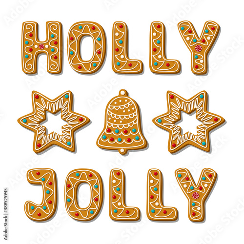 Christmas Gingerbread Holly Jolly phrase, bell, star. Homemade cookies