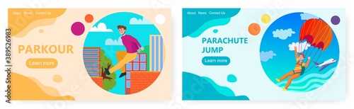 Man jump with parachute from the plane. Urban parkour and sky diving. Extreme sport vector concept illustration. Web site design template