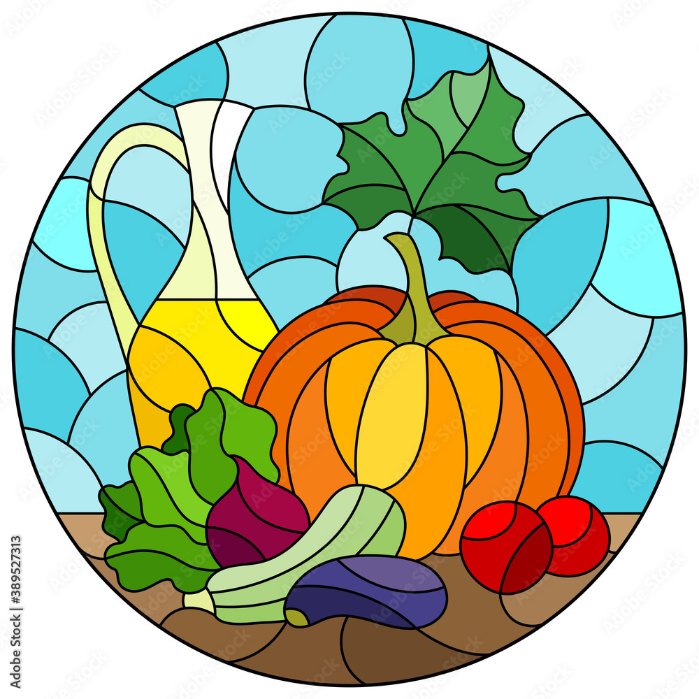 Illustration in stained glass style with still life, ripe vegetables and a bottle of oil, round image