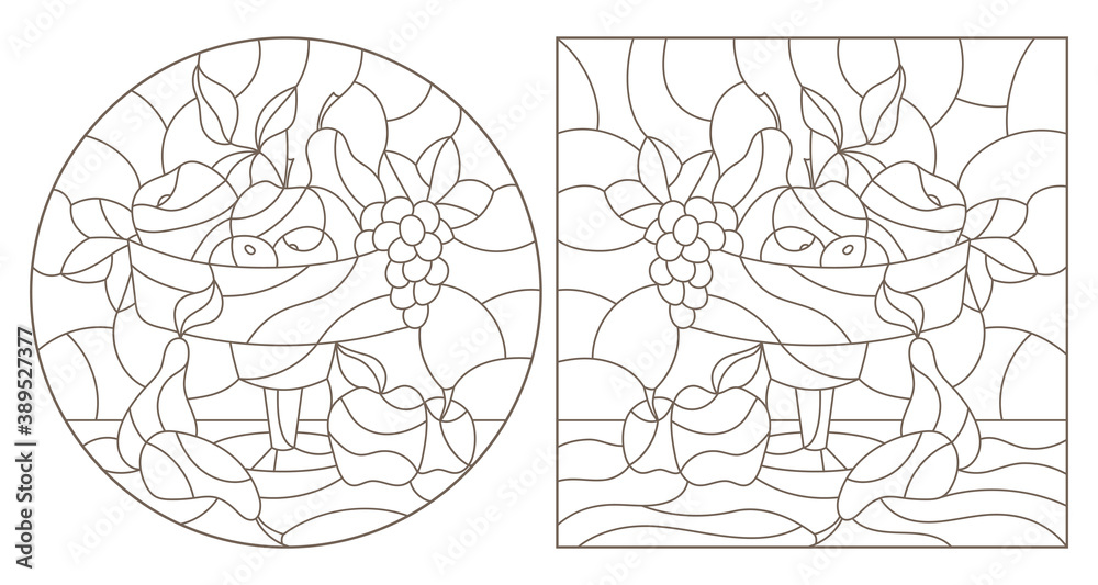 Set of contour illustrations in stained glass style with fruit still lifes, dark contours on a white background