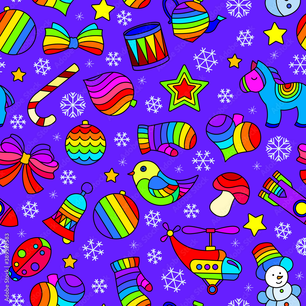 Naklejka premium Seamless pattern on the theme of New year and Christmas, bright Christmas tree toys and snowflakes on a purple background3753