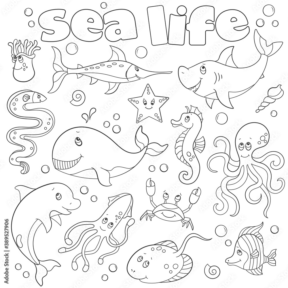 A set of contour illustrations with marine life, funny dark outline cartoon animals on a white background , coloring book A set of contour illustrations with marine life, funny dark outline cartoon animals on a white background , coloring book
