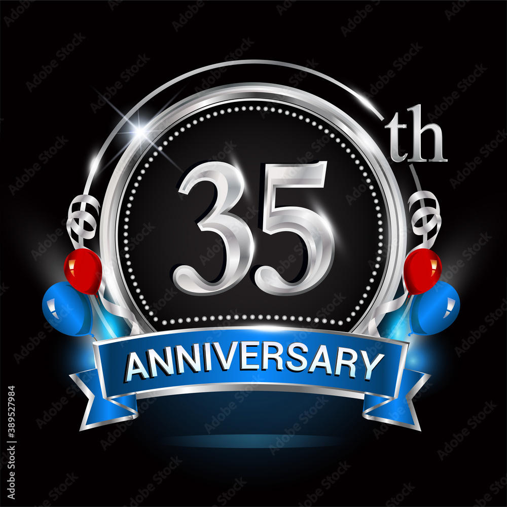 35th anniversary logo with silver ring, balloons and blue ribbon. Vector design template elements for your birthday celebration. 35th anniversary logo with silver ring, balloons and blue ribbon. Vector design template elements for your birthday celebration.