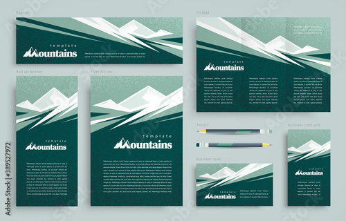 Corporate Airplane Set flyer cover, tri-fold, banner, roll up banner, business card vector blue color
