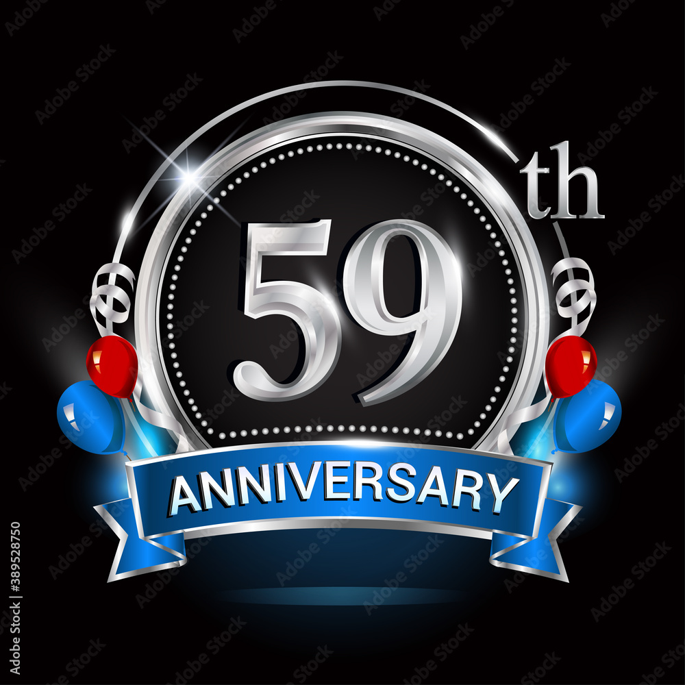 59th anniversary logo with silver ring, balloons and blue ribbon. Vector design template elements for your birthday celebration. 59th anniversary logo with silver ring, balloons and blue ribbon. Vector design template elements for your birthday celebration.