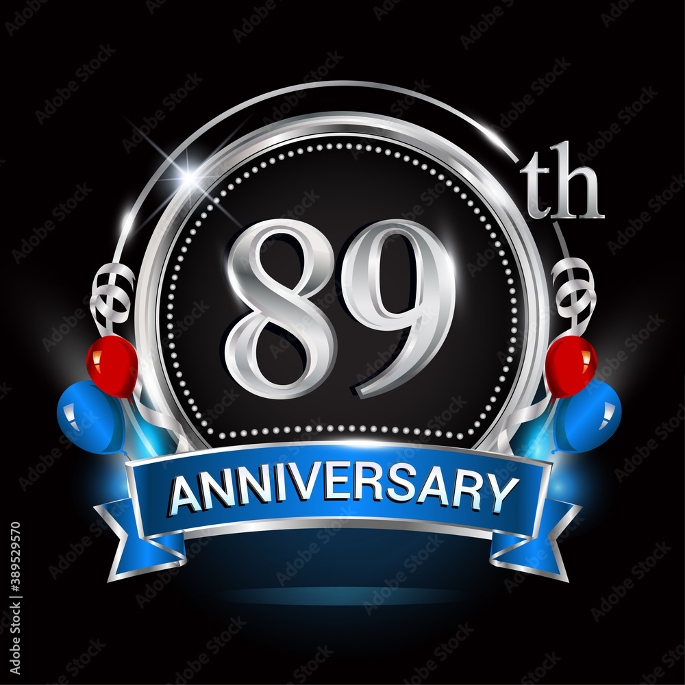 89th anniversary logo with silver ring, balloons and blue ribbon. Vector design template elements for your birthday celebration. 89th anniversary logo with silver ring, balloons and blue ribbon. Vector design template elements for your birthday celebration.
