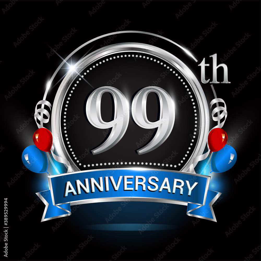 99th anniversary logo with silver ring, balloons and blue ribbon. Vector design template elements for your birthday celebration. 99th anniversary logo with silver ring, balloons and blue ribbon. Vector design template elements for your birthday celebration.