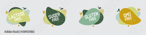 Set of allergen free badges. Lactose, gluten, sugar and GMO free. Vector signs of allergen contant for packaging design, cafe, restaurant badges, tags. photo