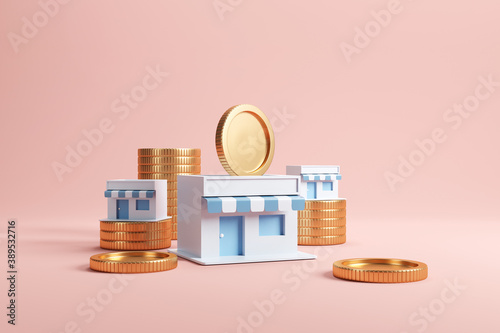 Cuadro en lienzo Coin in stores, Earning money with franchise business, 3d render.