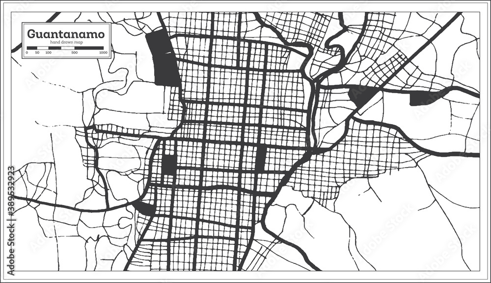 Guantanamo Cuba City Map in Black and White Color in Retro Style. Outline Map.