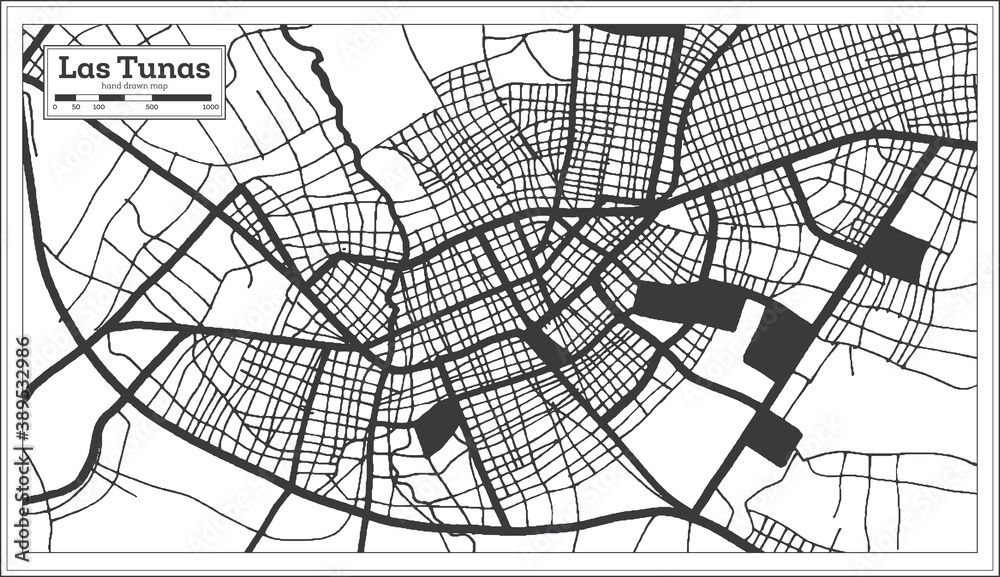 Las Tunas Cuba City Map in Black and White Color in Retro Style. Outline Map.