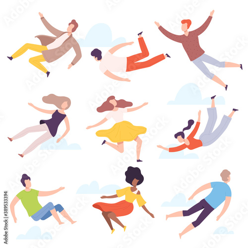 People Characters Flying and Floating in the Air Vector Illustration Set