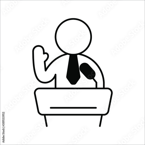 Politics debate, public speech, orator podium icon. Isolated vector illustration. Silhouette of business man presentation. Talking government leader.