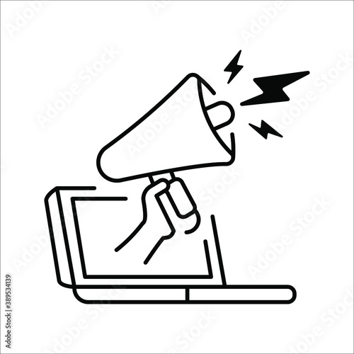 Megaphone on laptop icon. Outline megaphone on laptop vector icon for web design isolated on white background
