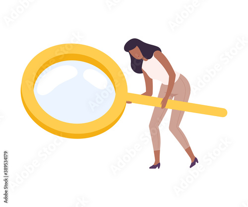 Woman with Big Magnifying Glass Searching for Information Vector Illustration
