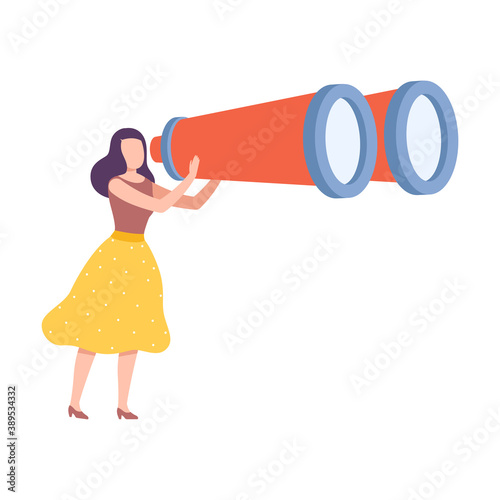 Young Female Holding Huge Binocular Searching and Investigating Vector Illustration