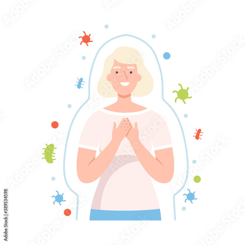 Healthy Woman Surrounded by Invisible Barrier for Bacterial Attack Vector Illustration