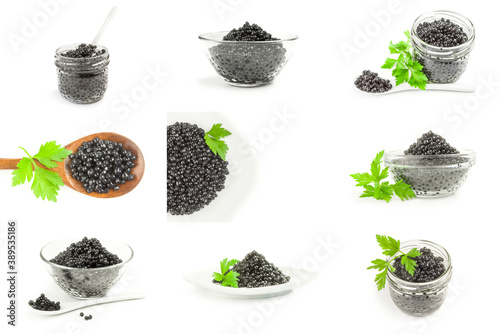 Collage of sturgeon black caviar close-up on white