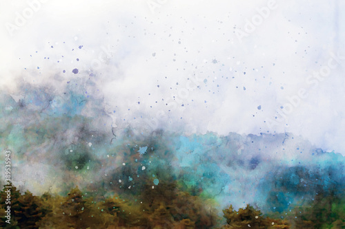 Semi-abstract image of pine forest on mountain with fog
