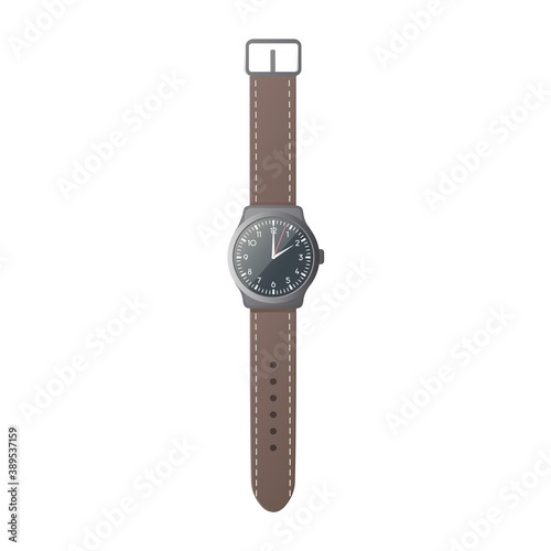 Analog watch. Flat vector illustration. A wrist watch with a brown strap. Isolated on white background.