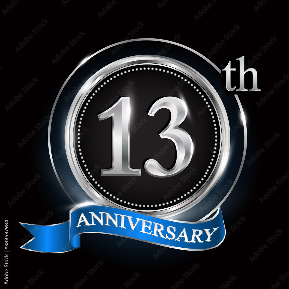 13th anniversary logo with silver ring and blue ribbon. 13th anniversary logo with silver ring and blue ribbon.