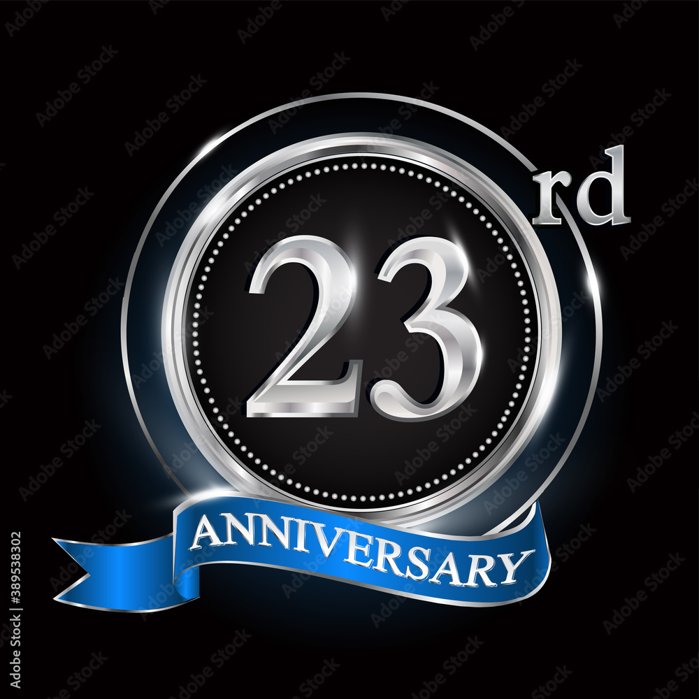 23rd anniversary logo with silver ring and blue ribbon. 23rd anniversary logo with silver ring and blue ribbon.