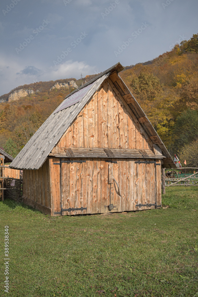 wooden garage lifestyle, nature autumn day mountains wooden garage lifestyle, nature autumn day mountains