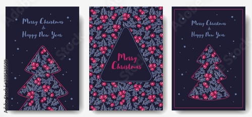 Colored christmas party invitation, banner, poster or postcard with holly silhouette for the new year holiday. Winter illustration of holly for december design