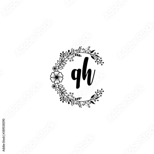 Initial QH Handwriting, Wedding Monogram Logo Design, Modern Minimalistic and Floral templates for Invitation cards 