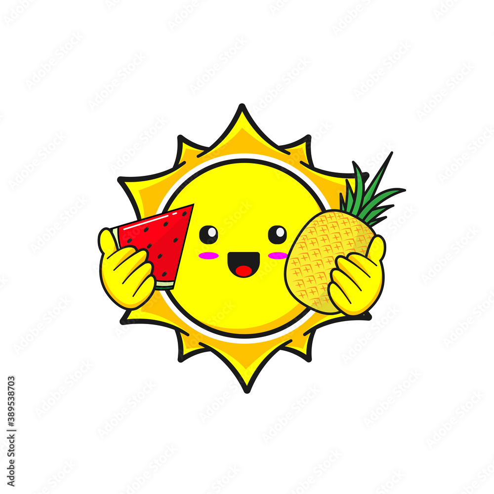 cute sun grasp watermelon and pineapple fruit vector illustration
