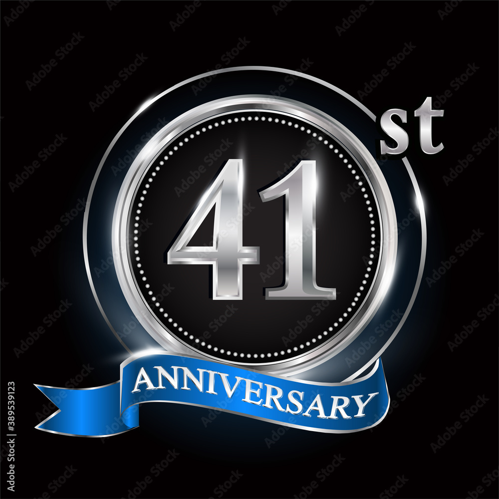 41st anniversary logo with silver ring and blue ribbon. 41st anniversary logo with silver ring and blue ribbon.