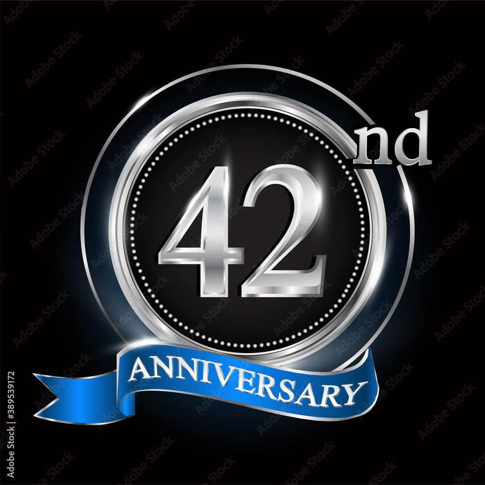42nd anniversary logo with silver ring and blue ribbon.