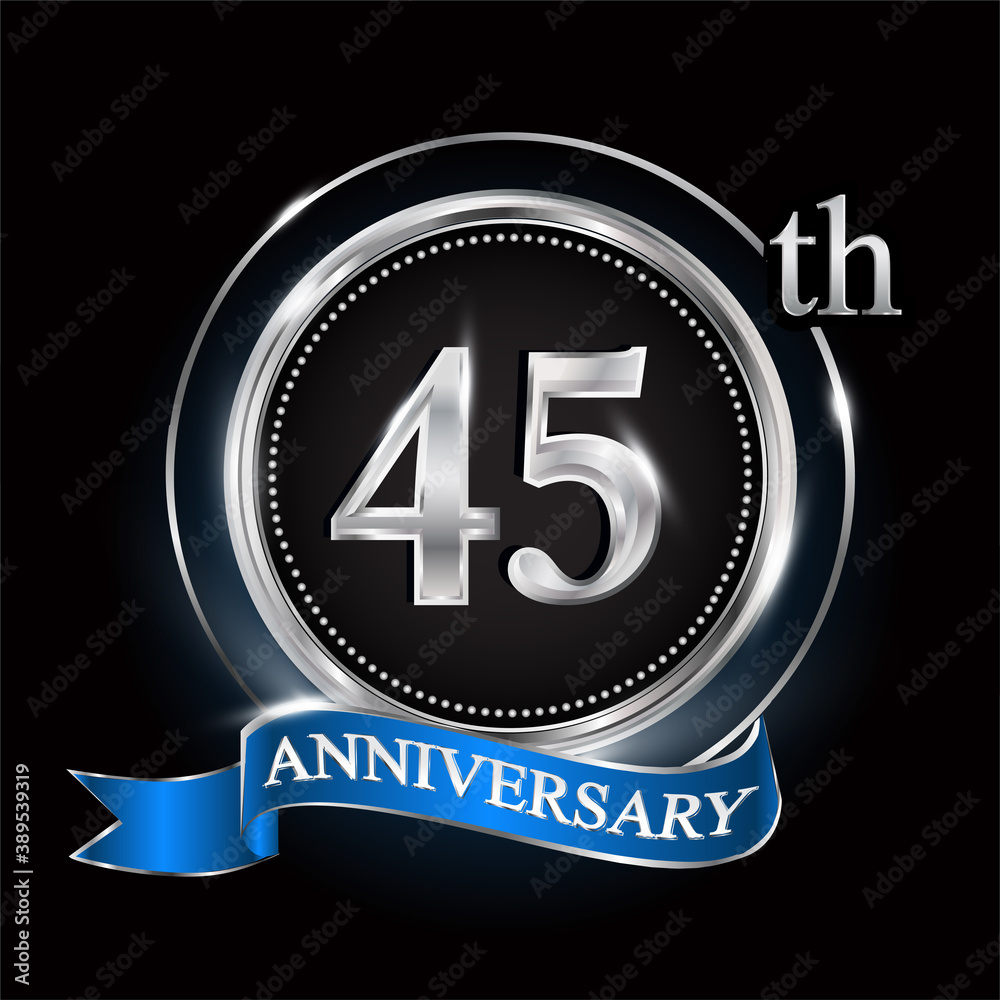 45th anniversary logo with silver ring and blue ribbon. 45th anniversary logo with silver ring and blue ribbon.