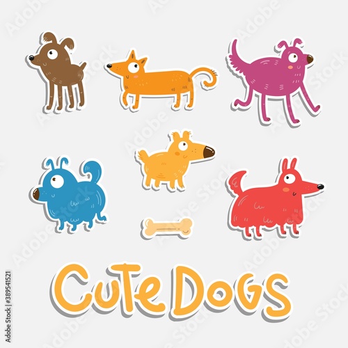 Set of cute cartoon dogs. Stickerpack with variety of puppies. Collection of funny animals.