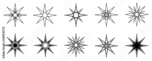 Season festival anniversary, Collection of black stars, sun, burst, sunbeam symbol icon element objects isolated with abstract background texture wallpaper pattern seamless vector illustration 