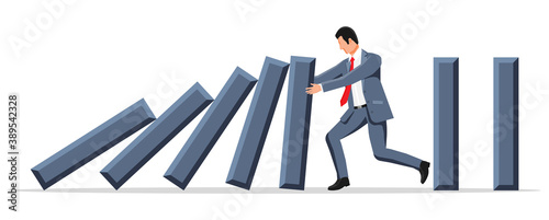 Businessman stopping domino effect. Business man stops falling dominoes. Finishing chain reaction. Successful intervention, solution. Cartoon flat vector illustration