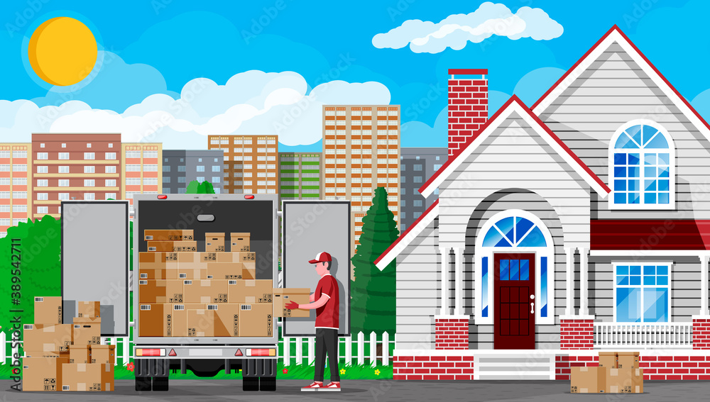 Delivery truck full of cardboard boxes and wooden house isolated on white. Relocation delivery service in city. Parcel paper cardboard box with goods. Cargo and logistic. Flat vector illustration