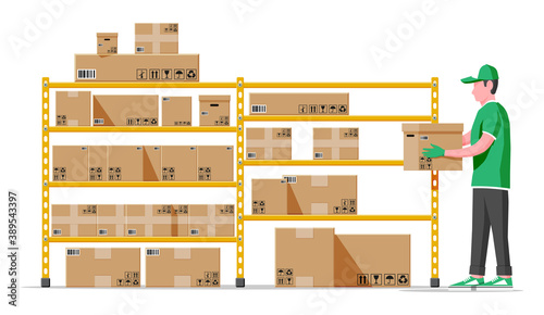 Warehouse shelves with goods, mover and container package boxes. Pile cardboard boxes set. Carton delivery packaging open and closed box with fragile signs. Vector illustration in flat style