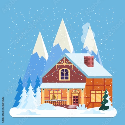 Decorated building for new year eve, home with lights and with fir tree prepared for christmas celebration. New year and xmas celebration. Vector illustration flat style © Rogatnev