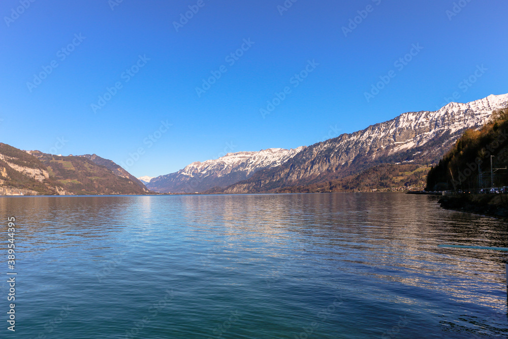 Beautiful siwss alps lake view with snowy mountains