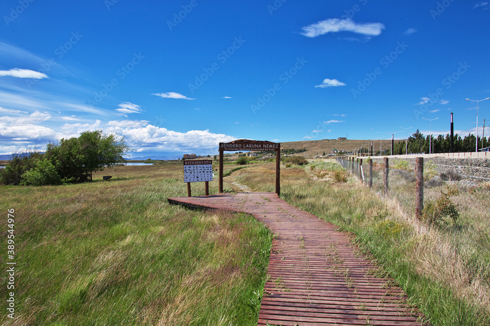 Obraz premium The gate to Laguna Nimez Reserva in El Calafate, Patagonia, Argentina