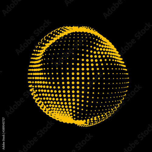 A deformed deflating sphere formed from a sea of dots. An unstable sphere, iridescent with abstract smooth deformations.