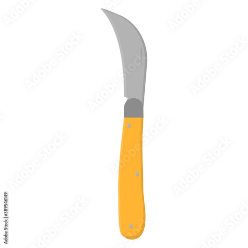 Garden knife isolated on white background. Knife for trimming thin branches and shrubs. Gardening tool. Vector illustration in cartoon style for your design.