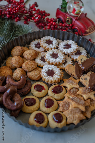 Traditional home made German Christmas Cookies on a festive table