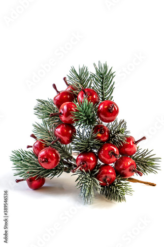 Christmas shiny twigs with berries and nuts, ornament for a Christmas tree, holiday decorations isolated on white background