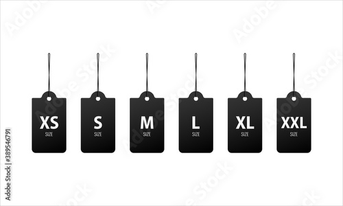 Collection of clothing size labels. XS, S, M, L, XL, XXL sizes. Vector EPS 10. Isolated on white background