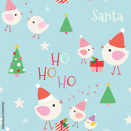 Cute colorful Christmas seamless pattern with Santa hats on happy birds, trees, presents and stars on blue background. Great for winter fabric, textile, holiday wrapping paper, scrapbooking. Surface